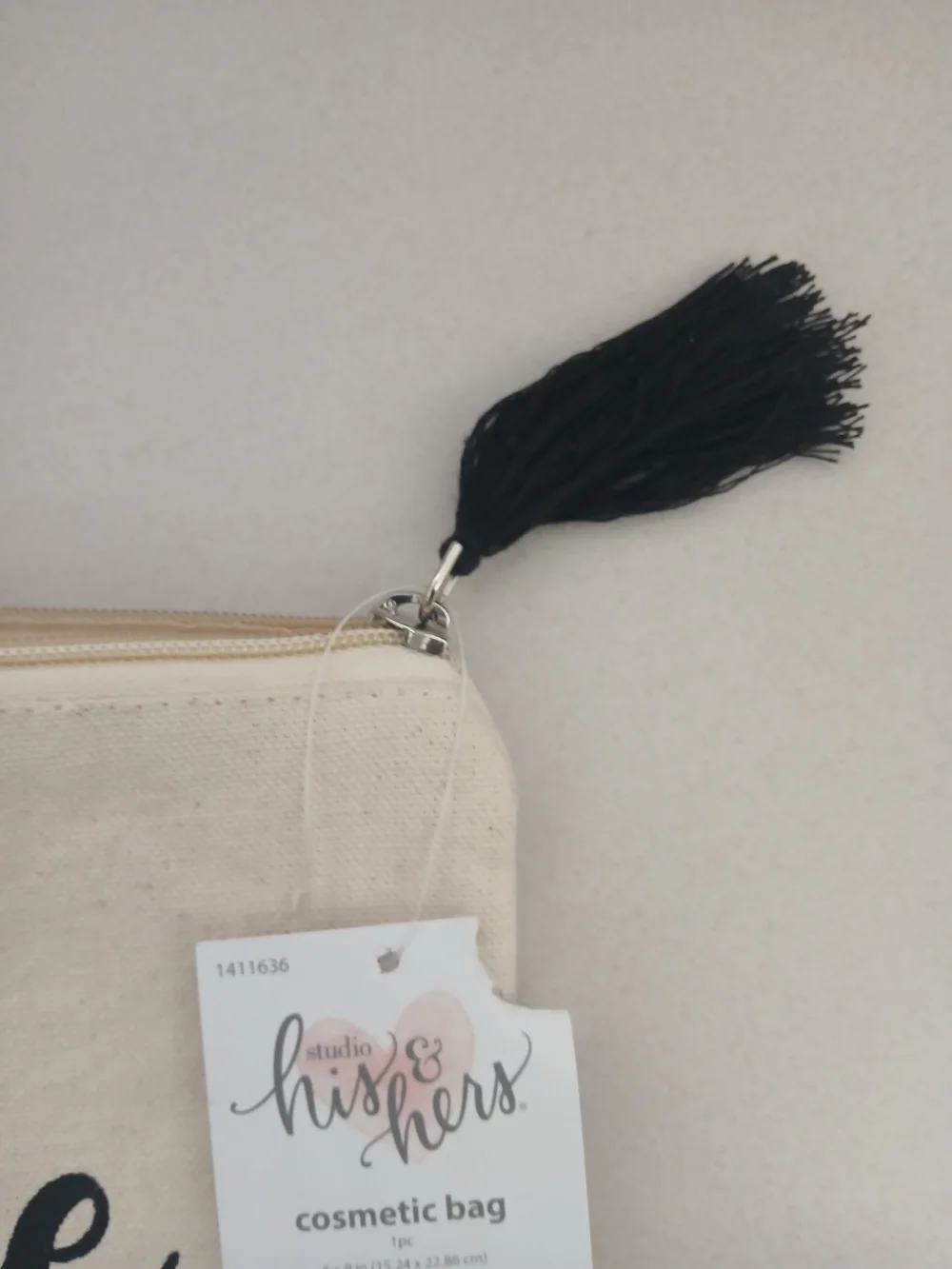 Shiraleah Cream Canvas Pouch with Gold Script and Pom Pom